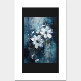 Luminous Petals: White Flowers and Blue Hues Posters and Art